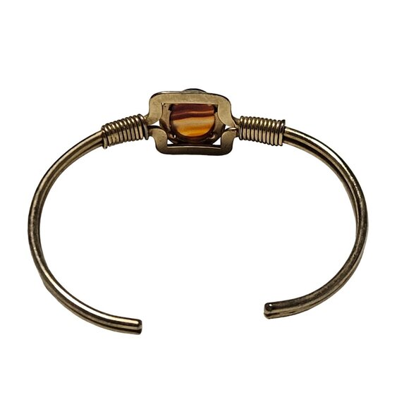 Vintage Elegant Brown Agate Cabochon Gold Tone Cuff Bracelet Fashion Jewelry - Picture 4 of 5